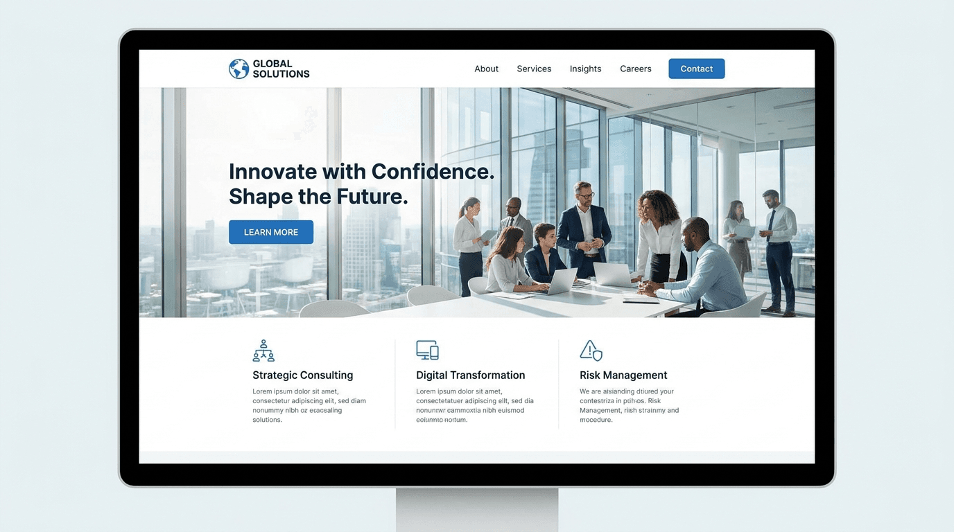 Modern corporate website hero section for a global business solutions firm