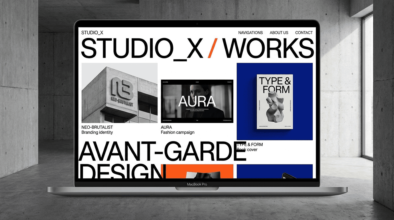 Avant-garde creative studio portfolio website with bold typography and design work
